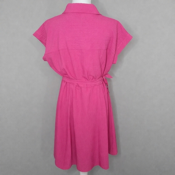 Calvin Klein Hot Pink Button-Front Fit & Flare Gauze Preppy Feminine Shirt Dress - Picture 4 of 11